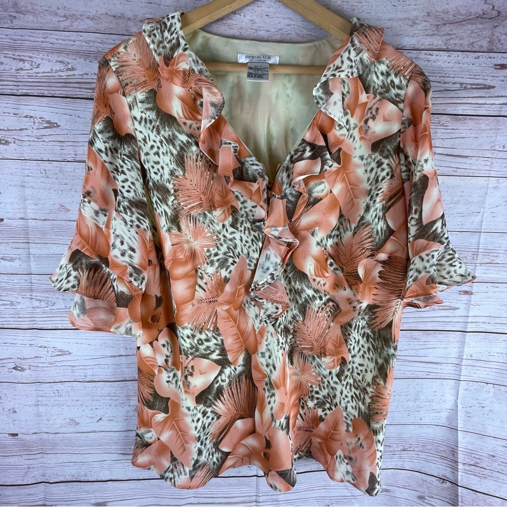 DRESS-U by Sharon. Ruffled Floral Blouse Pullover Size 1X Lined Chiffon Vtg